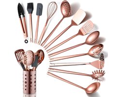 Keukengerei van koper, 13-delige set van roestvrij staal met titanium roségouden coating, inclusief rek voor anti-aanbak-keukengerei ,Vaatwasmachinebestendig