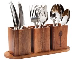 Keukengereihouder, hout, organizer met 3 vakken en houten palet, bestekhouder, bestek, opslag, keukengerei voor tafels en restaurants