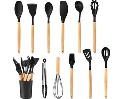 Keukengereiset, 12-delige keukengerei, keukenaccessoires Houten handvat, kooklepelset, kookbestek, keukenaccessoires huishouden, keukengerei met opbergcontainer (zwart)