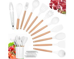 Keukengereiset, siliconen keukengerei, antiaanbaklaag, hittebestendige keukengereiset met houten handvat, 23-delig, keukengerei inclusief lepel, tang, garde, spatel