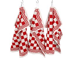 Keukenhanddoeken Badstof - Horeca Line - Handdoeken 50x50 - Geblokt - Set van 3 - Rood