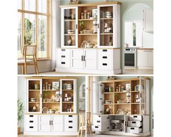 Keukenhoge Kast - 140x185 Cm Met 6 Grote Lades, Glazen Deur, Antitipbeveiliging En Metalen Zijrail - Opbergmeubel Voor Keuken En Eetkamer