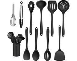 Keukenhulpmiddelen Set van 11 Stukken, Zwart Silicoon, Inclusief Houder, Antiaanbak, Warmtebestendige Keukengerei voor Gezond Koken en Eenvoudig Schoonmaken