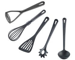 Keukenhulpmiddelset 5 delig - Garde, Soeplepel, Aardappelstamper, Bakspatel, Spaghettilepel in Kunststof - Hittebestendig en Vaatwasmachinebestendig