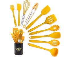 Keukenhulpset, 11-delige siliconen kookgerei, kookbestekset, anti-aanbaklaag, kookset, keukengerei, hittebestendig kookgerei met gereedschapshouder, vaatwasserbestendig (geel)