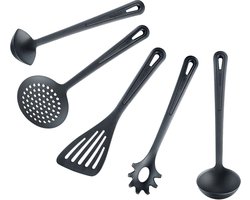 Keukenhulpset 5-delig: Panspatel, schuimlepel, sauslepel, soeplepel, spaghettilepel, hittebestendig tot 270 °C, kunststof, Gentle Plus, zwart,