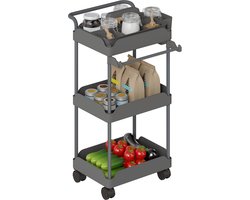 Keukenkar Drielaags met Wielen - Uittrekbare Manden - Handdoekhouder - Extra Opbergruimte - Grijze Kleur - Stabiel en Mobiel