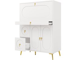 Keukenkast (100×50×140cm), voorraadkast, eetkamerkast voor keuken, eetkamer en woonkamer, modern dressoir met vouwdeuren, multifunctionele opbergruimte, wit