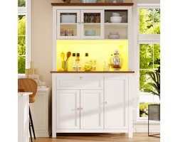 Keukenkast (104×40×180cm), hoge keukenbuffetkast, vitrinekast, buffetkast met verstelbare planken, dressoir met LED-verlichting, variabele lichtkleuren, wit