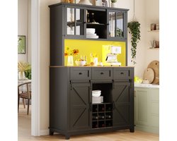 Keukenkast (105×38,4×180cm), hoge keukenbuffetkast, vitrinekast, buffetkast met verstelbare planken, dressoir met LED-verlichting, variabele lichtkleuren, zwart