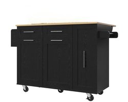 Keukenkast 110x46x90.5cm Keukenblok Zwart Houtnerf Met Wielen Multifunctionele Opslagkast Met Snackrekken En Uittrekbare Functie Eettafel