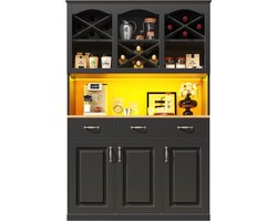 Keukenkast (120 × 40 × 180 cm), hoge keukenbuffet, multifunctioneel buffet, snackkast, opbergmeubel met drie deuren, drie lades en LED-verlichting, zwart