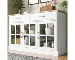 Keukenkast (120×40×84cm), voorraadkast, eetkamerkast voor keuken, eetkamer en woonkamer, modern dressoir, zijkast met opbergruimte, vintage glazen kastontwerp, anti-kantelvoorziening, wit
