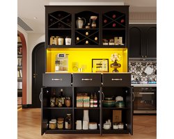 Keukenkast 120x40x180 cm - hoge keukenkast - snackkast - met drie deuren - drie laden en LED-verlichting - zwart