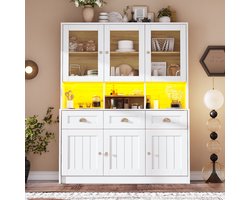 Keukenkast (140×40×175 cm), Hoge keukenkast, Vitrinekast, Buffetkast met Verstelbare Planken, Sideboard met LED-Verlichting, Variabele Lichtkleuren, Wit