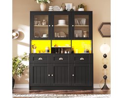 Keukenkast (140×40×175 cm), Hoge keukenkast, Vitrinekast, Buffetkast met Verstelbare Planken, Sideboard met LED-Verlichting, Variabele Lichtkleuren, Zwart