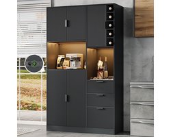 Keukenkast - 180×105×40 cm - Hoog Opberg- en Wijnkast met Verstelbare Planken, 3 Laden, LED en Stopcontacten - Hout - Naturel