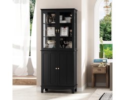 Keukenkast 183x76x40 cm – Hoge Buffetkast met Glazen Deuren en Verstelbare Planken – Vitrinekast / Opbergkast Keuken, Woonkamer & Eetkamer – Zwart – Yesdeals
