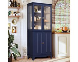 Keukenkast 183x76x40 cm – Hoge Buffetkast met Glazen Deuren en Verstelbare Planken – Vitrinekast / Opbergkast voor Keuken, Woonkamer & Eetkamer – Blauw – Yesdeals