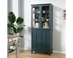 Keukenkast 183x76x40 cm – Hoge Buffetkast met Glazen Deuren en Verstelbare Planken – Vitrinekast / Opbergkast voor Keuken, Woonkamer & Eetkamer – Nieuw Groen – Yesdeals