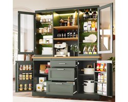 Keukenkast - 185x140x40 cm - Buffetkast met LED - App-gestuurd & Werkblad - Hout - Zwart/Wit/Groen
