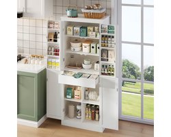 Keukenkast 75x40x180cm - dressoir - multifunctionele hoge kast - met deurramen - opbergvak en ingebouwde lades - wit