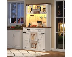 Keukenkast - Barkast met ledverlichting en stopcontacten, grote keukenkast met 2 grote lades, schuifdeurdesign, verstelbare planken, rustieke salontafel/dressoir, wit