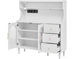 Keukenkast buffetkast barkast 120×40×138,5cm wit met verstelbare planken, stopcontact, ophangbord, wijnglashouder, lades en multifunctionele opbergruimte modern minimalistisch design stevig en duurzaam houten frame geschikt voor keuken, eetkamer