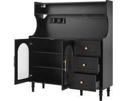 Keukenkast buffetkast barkast 120×40×138,5cm zwart met verstelbare planken, stopcontact, ophangbord, wijnglashouder, lades en multifunctionele opbergruimte modern minimalistisch design stevig en duurzaam houten frame geschikt voor keuken, eetkamer