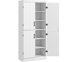 Keukenkast, buffetkast, hoge kast, vitrinekast met 4 deuren en 6 opbergruimte, staande kast met 6 verstelbare planken in moderne boerenstijl voor keuken, eetkamer, wit, 76 x 40 x 177 cm