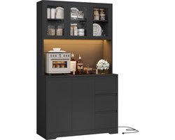 Keukenkast, Buffetkast met LED-Dressoir en Stekkerdoos, Keukenkast met Werkblad en 3 Laden, Keukenbuffet met Verstelbaar Rek, 180 x 100 x 38,5 cm, Zwart