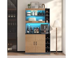 keukenkast, buffetkast met LED-sfeerverlichting en kabeldoorvoer, grote ruimte voor magnetron, 100x47x187cm, vrijstaand, in hoogte verstelbare zijplanken - Bruin