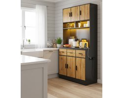 Keukenkast Buffetkast met LED & Stopcontact – 180x100x40 cm – Met Werkblad, 3 Laden, USB-poorten, Verstelbare Planken, Soft-Close Look, Vitrinekast Design – Naturel Hout – Novihome