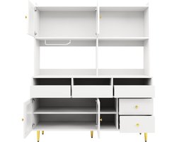 Keukenkast Buffetkast Vitrine met Werkblad, Verstelbare Planken en Wijnrek – Dressoir voor Keuken, Woonkamer en Eetkamer – Modern Wit MDF, 145 x 39 x 171 cm - Industrialhome
