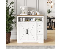 Keukenkast, dressoir met lades, opbergkast met 2 deuren en 3 kleine lades, verstelbare plank, landelijke stijl, voor woonkamer, keuken, eetkamer, 140 x 40 x 105 cm, vintage wit/honingbruin (splitsen voor 2 pakketten voor verzending)