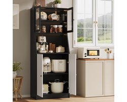 Keukenkast, dressoir met LED-verlichting, buffetkast, met 4 deuren, glazen deur, groot bureaublad en opbergruimte, keuken, woonkamer, eetkamer, 180x70x40CM, Zwart