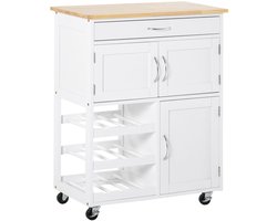 Keukenkast – Dressoir – Opbergkast – Buffetkast – Kast met Lade – MDF Wit – Rubberen Houten Blad – 2 Kastdeuren – 9 Flessenrek