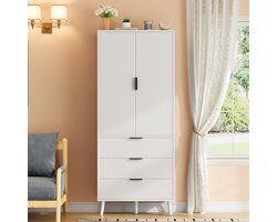 Keukenkast Hoge kast - 75x35x180 cm - Wit - 2 deuren - 3 laden - Deurablagen - Verstelbare planken - Zwarte handgrepen - Verhoogde poten