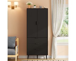 Keukenkast Hoge kast 75x35x180 cm Zwart - 2 Deuren - 3 Laden - Deurvakken - Verstelbare planken - Modern design - Zwarte handgrepen - Verhoogde poten - Kipbeveiliging