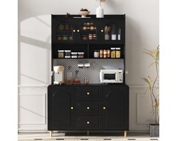 Keukenkast - Hoge Kast - Buffetkast met Wandrek - Met Massief Houten Poten - Hout - Zwart