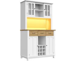 Keukenkast Hoge kast Keuken Buffet Vitrinekast Buffetkast met verstelbare planken Dressoir met LED Met houtkleurige laden Wit