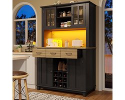 Keukenkast, hoge kast, keukenbuffet, vitrinekast, buffetkast met verstelbare planken, dressoir met ledverlichting, buffetkast (zwart)