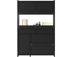 Keukenkast, hoge kast, vitrinekast, buffetkast met verstelbare planken, eetkamer-kast met 2 laden, sideboard met LED-verlichting, instelbare lichtkleuren, zwart