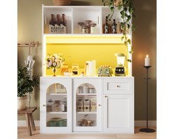 Keukenkast, hoge kast, vitrinekast, buffetkast met verstelbare planken, eetkamerkast, dressoir met LED-verlichting, wit