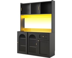 Keukenkast, hoge kast, vitrinekast, buffetkast met verstelbare planken, eetkamerkast, dressoir met ledverlichting, zwart