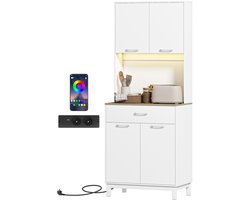 Keukenkast - Hoog keukenbuffet met ledverlichting en oplaadstation - keukenkast met 4 deuren - lade en werkblad - wit