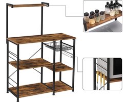 Keukenkast - Keukenrek staand - Industrieel - Hout - Bruin/Zwart - 40x90x132-Keukenrek, staand rek met metalen mand, bakkersrek met 6 S-haken en legplanken, magnetronrek, kruidenrek, voor potten en pannen, industrieel design, vintage bruin en zwart