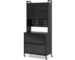 Keukenkast met 5/6 Lagen – Buffetkast met Werkblad, Kasten, Haken en Wielen, Zwart (80x40x178 cm)