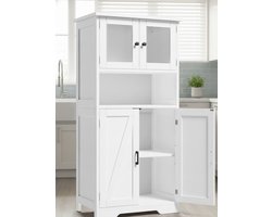 Keukenkast met Glazen Deuren – Hoge Buffetkast met Verstelbare Planken – Moderne Opbergkast voor Keuken, Woonkamer & Eetkamer – Dichte Kast met Veel Opbergruimte – Wit – Medahomestore