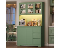 Keukenkast met LED Dressoir Altameubel – Buffetkast met Werkblad, 3 Laden en Verstelbaar Rek voor Keuken, Woonkamer en Eetkamer – Groen Hout – Multifunctioneel en Stabiel